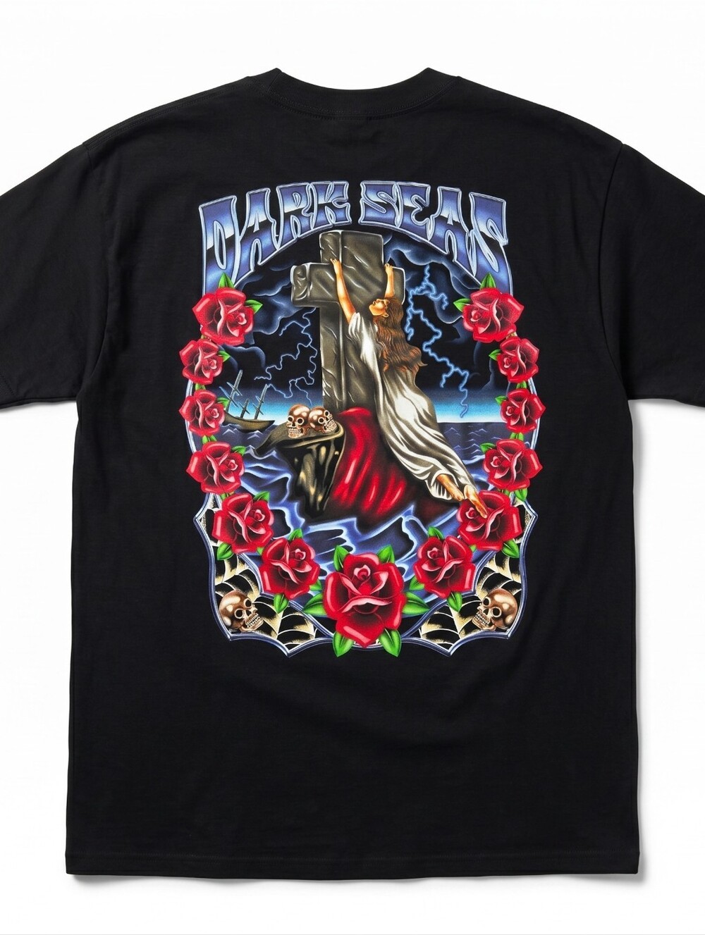 Dark Seas Graphic Tee Shirt Mens 2XL Black Rose Cross Heavy Metal Skulls Sea